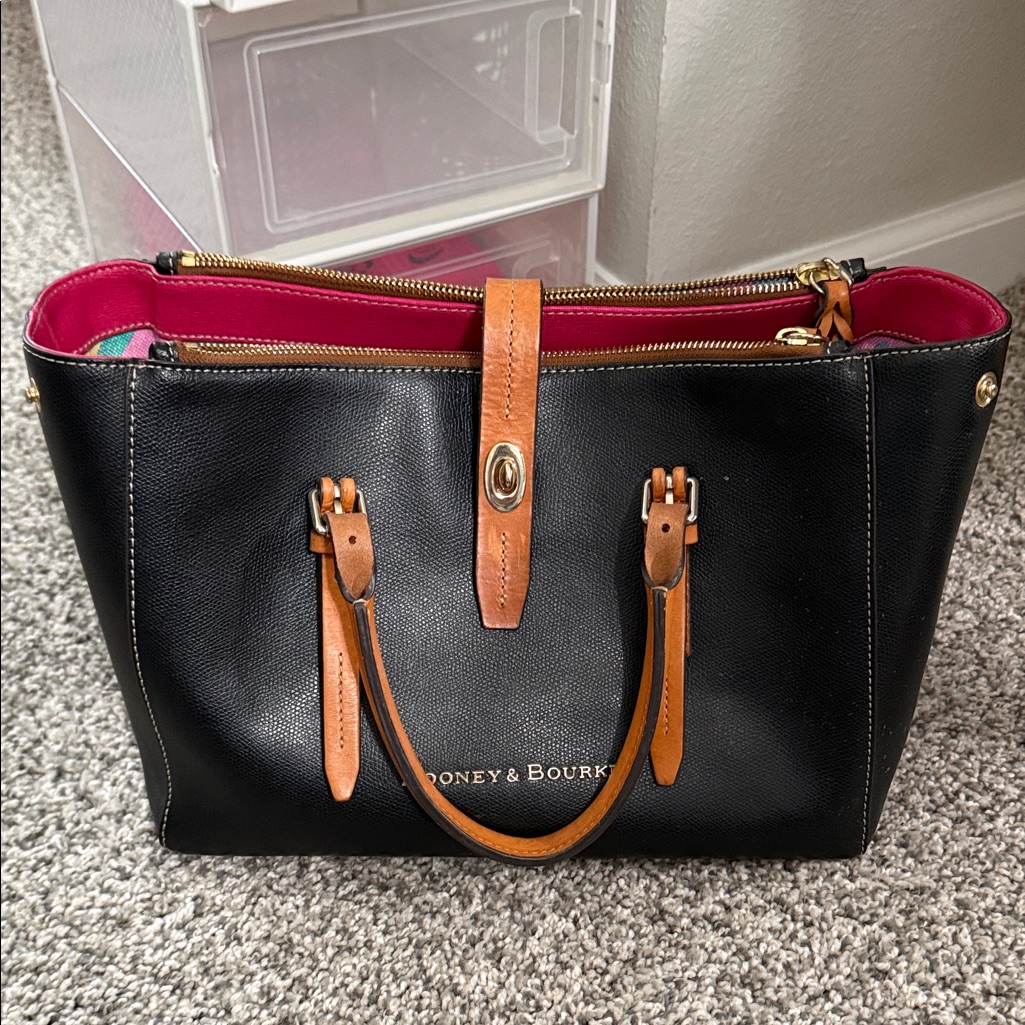 Dooney & Bourke Black Tote With Tan Trim And Pink Interior